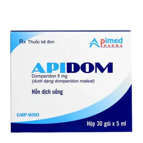 Apidom Dompe 5mg Apimed (H/30g/5ml) - Hỗn dịch uống điều trị chứng nôn và buồn nôn, nấc cụt, ăn không tiêu (30 gói x 5ml)